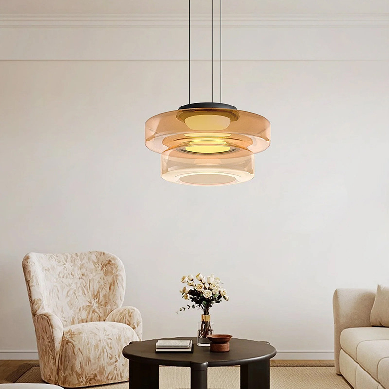 Nordic Modern Simple Luxury Light Long Adjustable Height Dimmable Dining Ring Glass Shade LED Chandelier Hanging Lamp Pendant