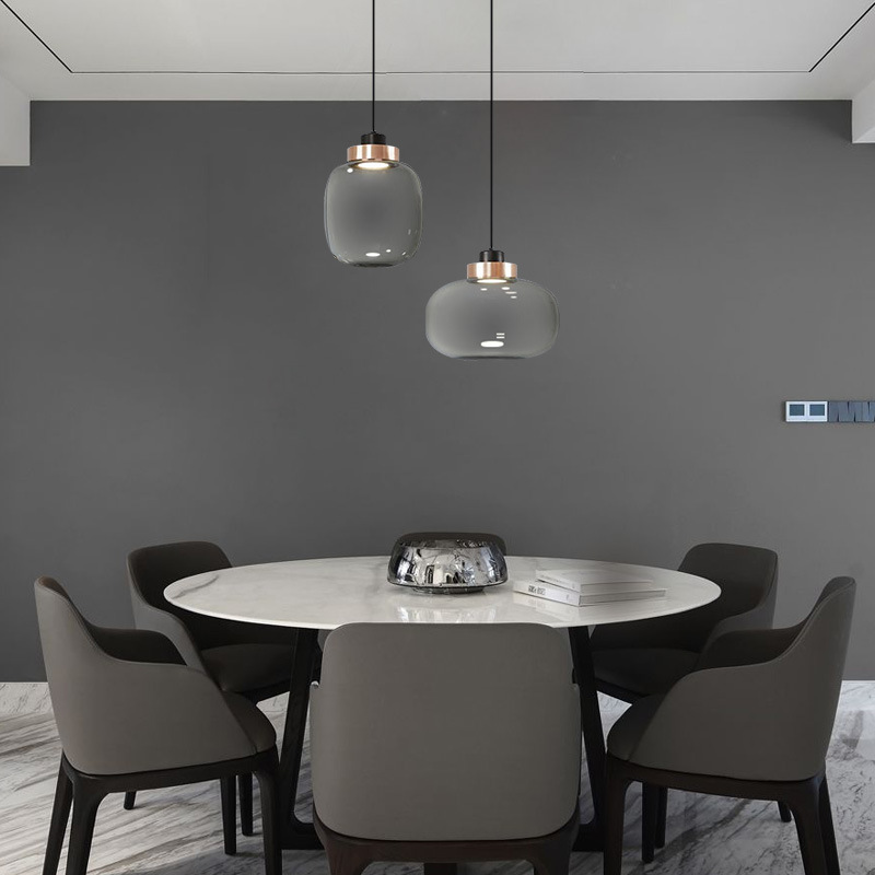 Modern Design Iron Metal Simple Smoke Glass Small Round Chandelier Pendant Light for Dining Room Bedroom