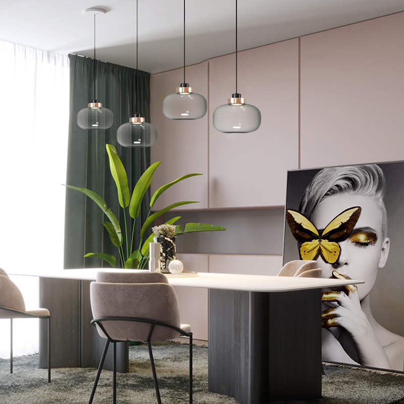 Modern Design Iron Metal Simple Smoke Glass Small Round Chandelier Pendant Light for Dining Room Bedroom