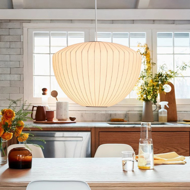 Nordic Style Home Decor Silk Adjustable Height LED Chandelier Round Middle Size Bedrooms Dining Rooms Silk Pendant Light