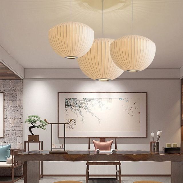 Nordic Style Home Decor Silk Adjustable Height LED Chandelier Round Middle Size Bedrooms Dining Rooms Silk Pendant Light
