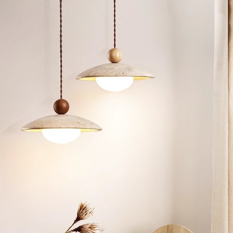 Wabi Sabi Travertine Pendant Light Nordic Dining Room Lamp Wood Lampshade Natural Stone Pendant Lamp