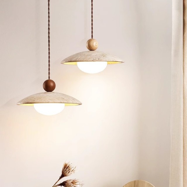 Wabi Sabi Travertine Pendant Light Nordic Dining Room Lamp Wood Lampshade Natural Stone Pendant Lamp