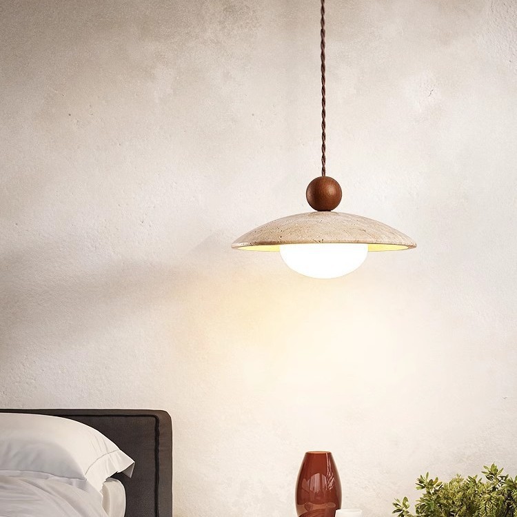 Wabi Sabi Travertine Pendant Light Nordic Dining Room Lamp Wood Lampshade Natural Stone Pendant Lamp