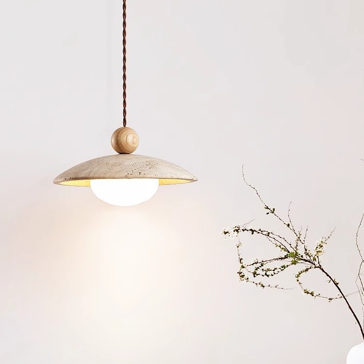 Wabi Sabi Travertine Pendant Light Nordic Dining Room Lamp Wood Lampshade Natural Stone Pendant Lamp