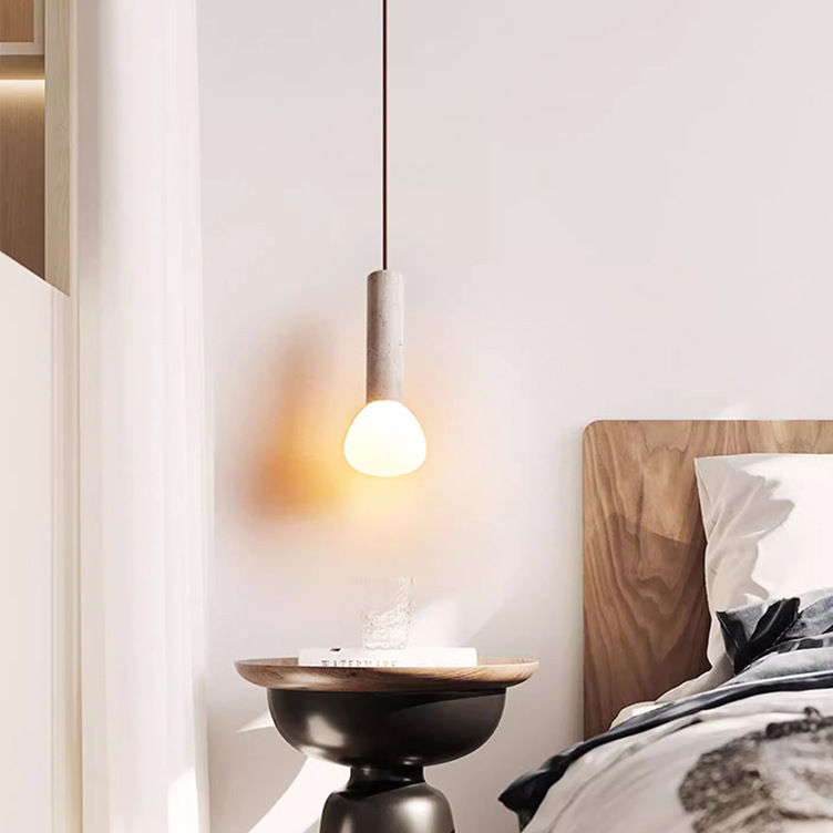 Wabi-sabi Travertine Pendant Light Nordic Bedroom Bedside Bar Lamp Natural Yellow Stone Glass Lampshade Travertine Pendant Lamp