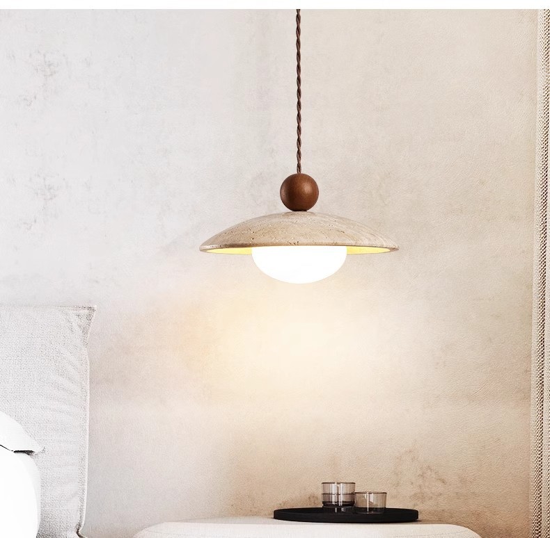 Wabi Sabi Travertine Pendant Light Nordic Dining Room Lamp Wood Lampshade Natural Stone Pendant Lamp