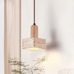 Wabi-sabi Travertine Pendant Light Nordic Bedside Bar Lamp Solid Wood Square Natural Yellow Stone LED Talla Pendant Lamp