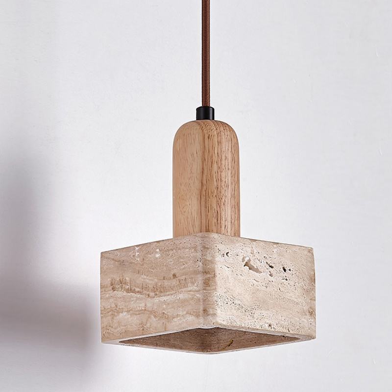 Wabi-sabi Travertine Pendant Light Nordic Bedside Bar Lamp Solid Wood Square Natural Yellow Stone LED Talla Pendant Lamp