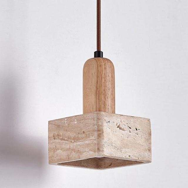 Wabi-sabi Travertine Pendant Light Nordic Bedside Bar Lamp Solid Wood Square Natural Yellow Stone LED Talla Pendant Lamp