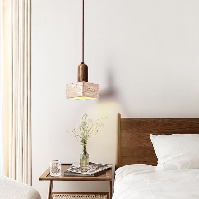 Wabi-sabi Travertine Pendant Light Nordic Bedside Bar Lamp Solid Wood Square Natural Yellow Stone LED Talla Pendant Lamp