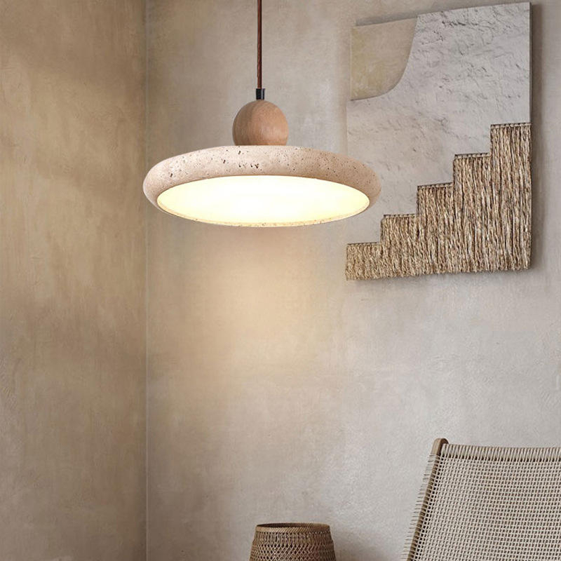 Nordic Wabi-Sabi Style Pendant Light Natural Yellow Travertine Stone Shade for Restaurant Dining Table Home Bar Middle
