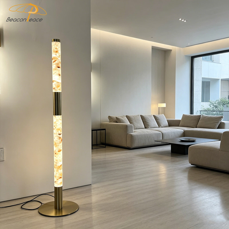 Luxury Alabaster Gold Vertical Standing Floor Light Living Room Hotel Home Decor Metal Base Faux Marble LED Floor Lamp