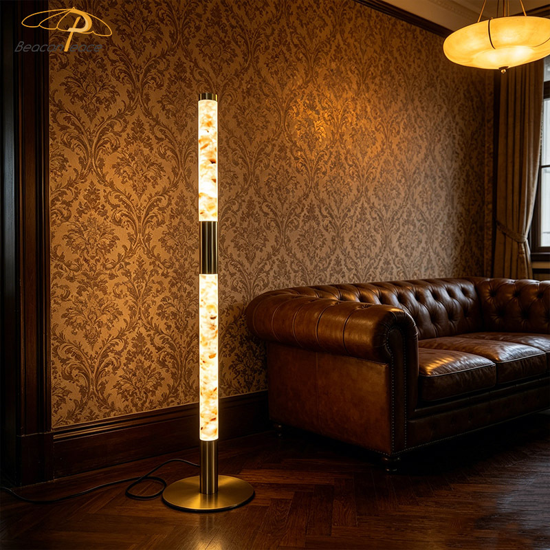 Luxury Alabaster Gold Vertical Standing Floor Light Living Room Hotel Home Decor Metal Base Faux Marble LED Floor Lamp