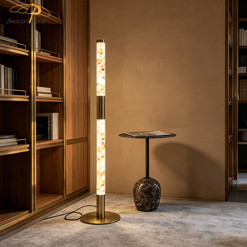 Luxury Alabaster Gold Vertical Standing Floor Light Living Room Hotel Home Decor Metal Base Faux Marble LED Floor Lamp