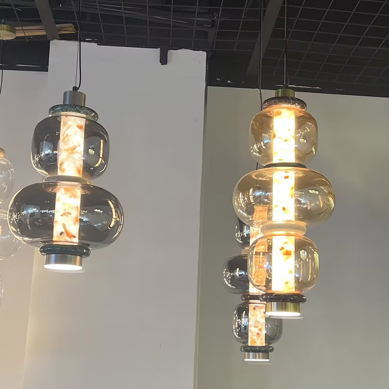 Luxury Modern Glass Chandelier High Ceiling Hotel Round Marble Pendant Lamp For Living Room Restaurant