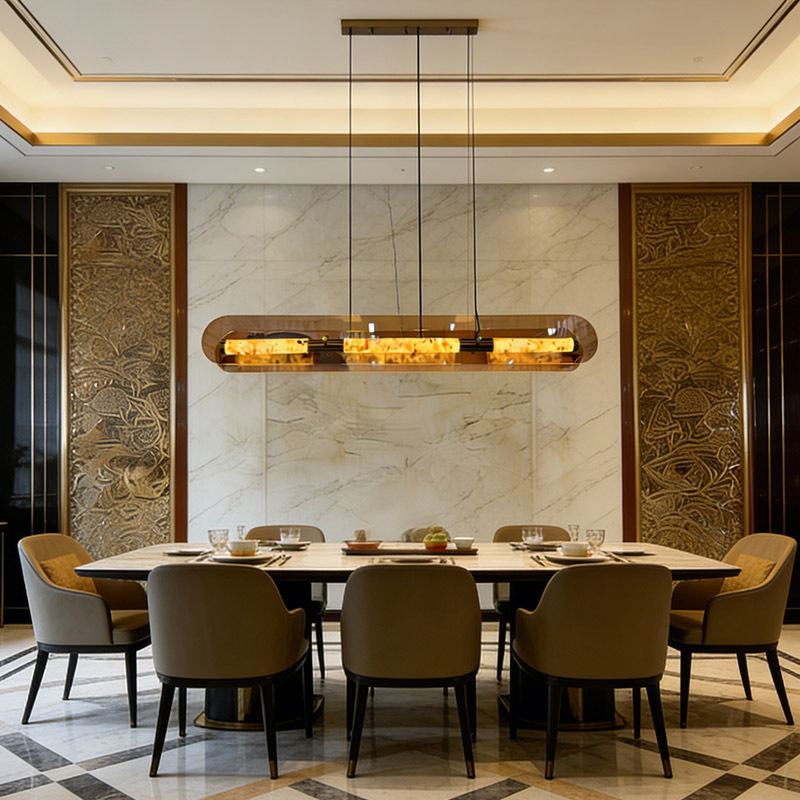 Modern Luxury Long Chandelier Kitchen Island Copper Marble Decor Glass LED Pendant Light for Hotel Dining Room