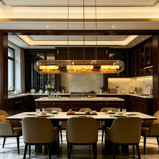 Modern Luxury Long Chandelier Kitchen Island Copper Marble Decor Glass LED Pendant Light for Hotel Dining Room