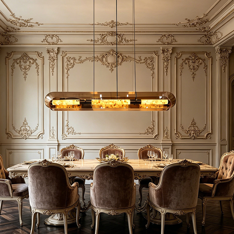 Modern Luxury Long Chandelier Kitchen Island Copper Marble Decor Glass LED Pendant Light for Hotel Dining Room
