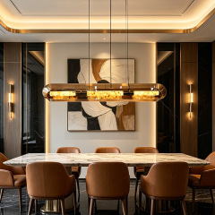 Modern Luxury Long Chandelier Kitchen Island Copper Marble Decor Glass LED Pendant Light for Hotel Dining Room