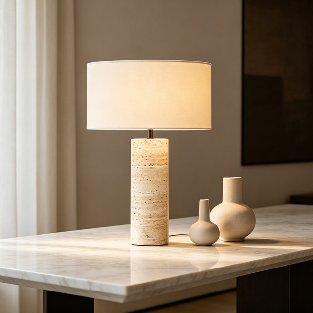 Japanese Wabi Sabi Designer Yellow Travertine Stone Table Light Living Room Bedroom Hotel Bedside Fabric Table Lamp