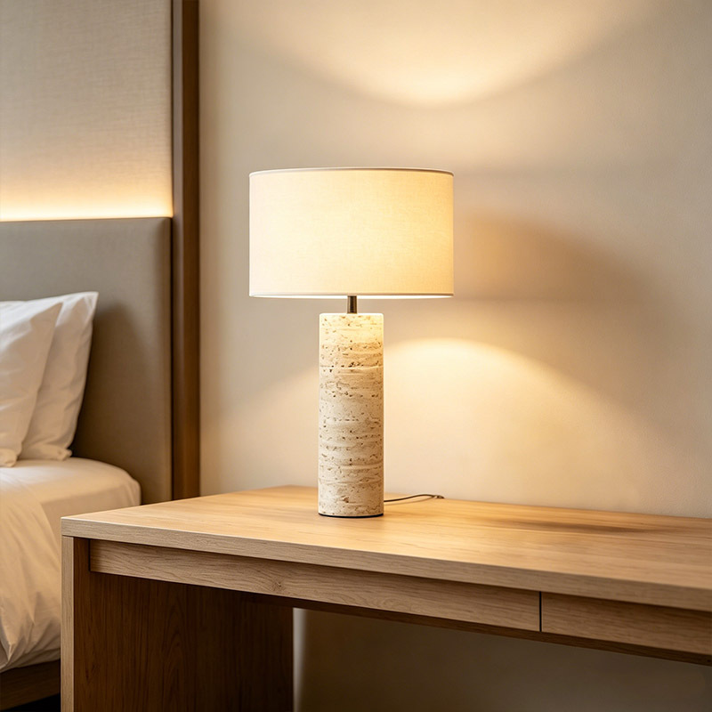 Japanese Wabi Sabi Designer Yellow Travertine Stone Table Light Living Room Bedroom Hotel Bedside Fabric Table Lamp