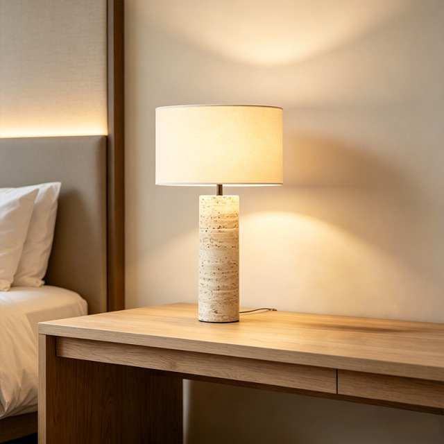 Japanese Wabi Sabi Designer Yellow Travertine Stone Table Light Living Room Bedroom Hotel Bedside Fabric Table Lamp