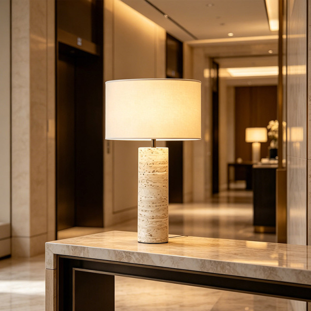 Japanese Wabi Sabi Designer Yellow Travertine Stone Table Light Living Room Bedroom Hotel Bedside Fabric Table Lamp