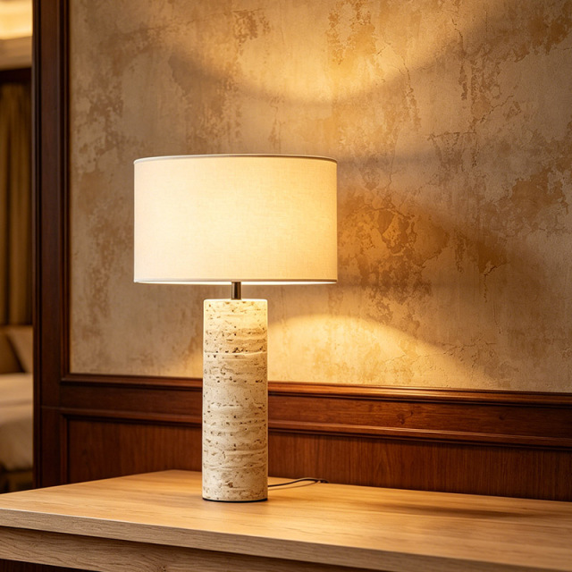Japanese Wabi Sabi Designer Yellow Travertine Stone Table Light Living Room Bedroom Hotel Bedside Fabric Table Lamp