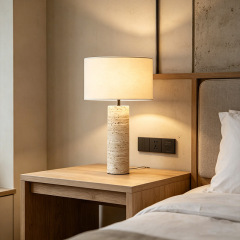Japanese Wabi Sabi Designer Yellow Travertine Stone Table Light Living Room Bedroom Hotel Bedside Fabric Table Lamp