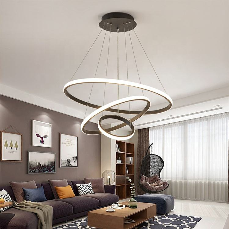 Modern Hotel Living Room Luxury Chandelier Acrylic Gold Metal LED 3 Rings Round Circle Pendant Light