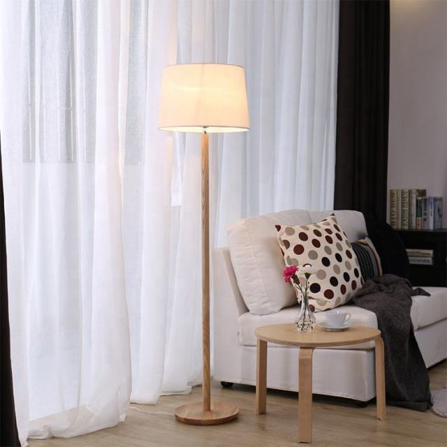 Modern Minimalist Wood Base Fabric Lampshade Bedroom Standing Floor Lamp for Living Room