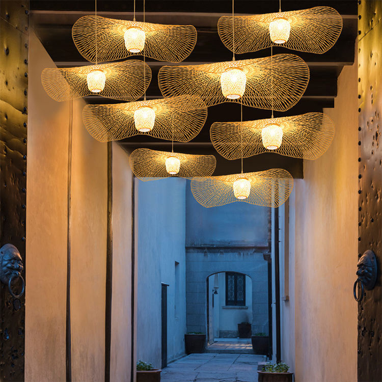 Wabi Sabi Bamboo Weave Hanging Lamp Nature Rattan LED Lamp Pendant Lights for Restaurant