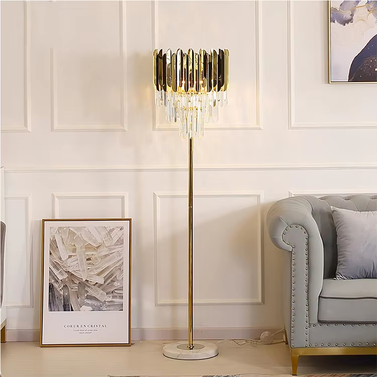 Luxury Gold Metal Floor Light Living Room Decorative Home Office LED Crystal Marble Base Stand Floor Lamp