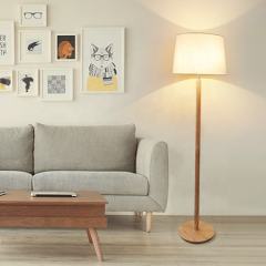 Modern Minimalist Wood Base Fabric Lampshade Bedroom Standing Floor Lamp for Living Room
