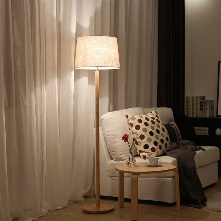 Modern Minimalist Wood Base Fabric Lampshade Bedroom Standing Floor Lamp for Living Room