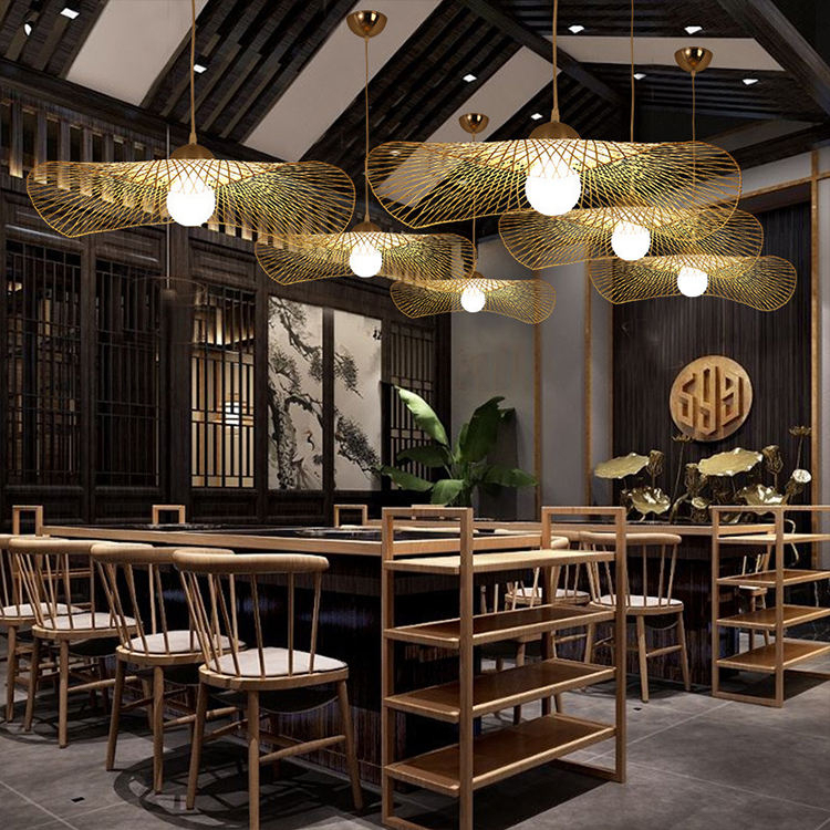 Wabi Sabi Bamboo Weave Hanging Lamp Nature Rattan LED Lamp Pendant Lights for Restaurant