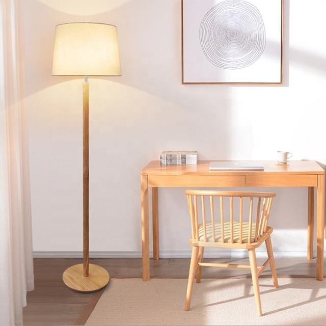 Modern Minimalist Wood Base Fabric Lampshade Bedroom Standing Floor Lamp for Living Room