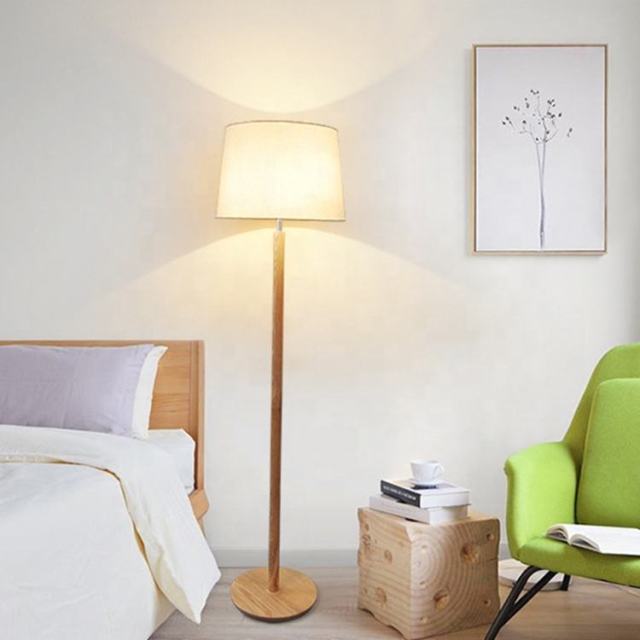 Modern Minimalist Wood Base Fabric Lampshade Bedroom Standing Floor Lamp for Living Room