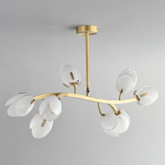 Modern Creative Design Pendant Light Luxury Hotel Villa Living Room Natural Copper Color Base Glass Flower Chandelier