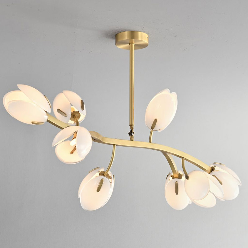 Modern Creative Design Pendant Light Luxury Hotel Villa Living Room Natural Copper Color Base Glass Flower Chandelier