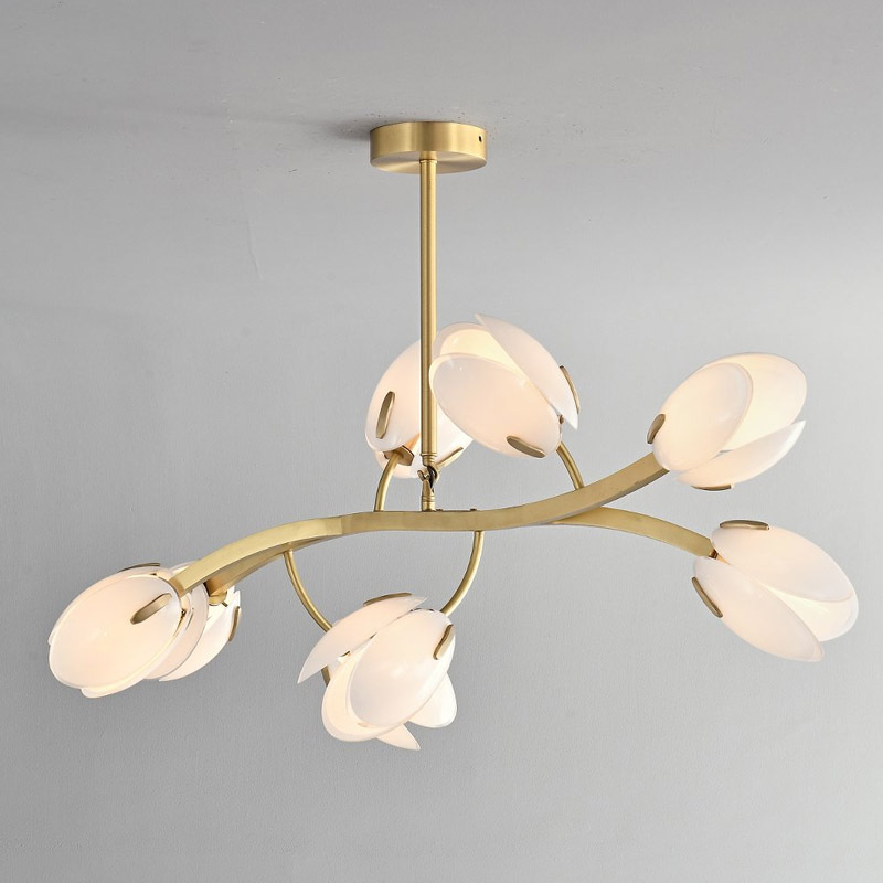 Modern Creative Design Pendant Light Luxury Hotel Villa Living Room Natural Copper Color Base Glass Flower Chandelier