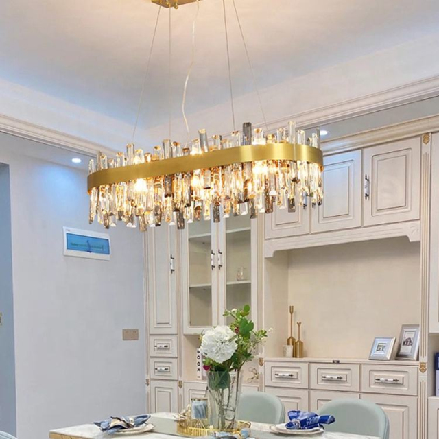 Modern Luxury LED Pendant Light Kitchen Dining Room Rectangular Large Gold Crystal Chandelier for Villa Hotel