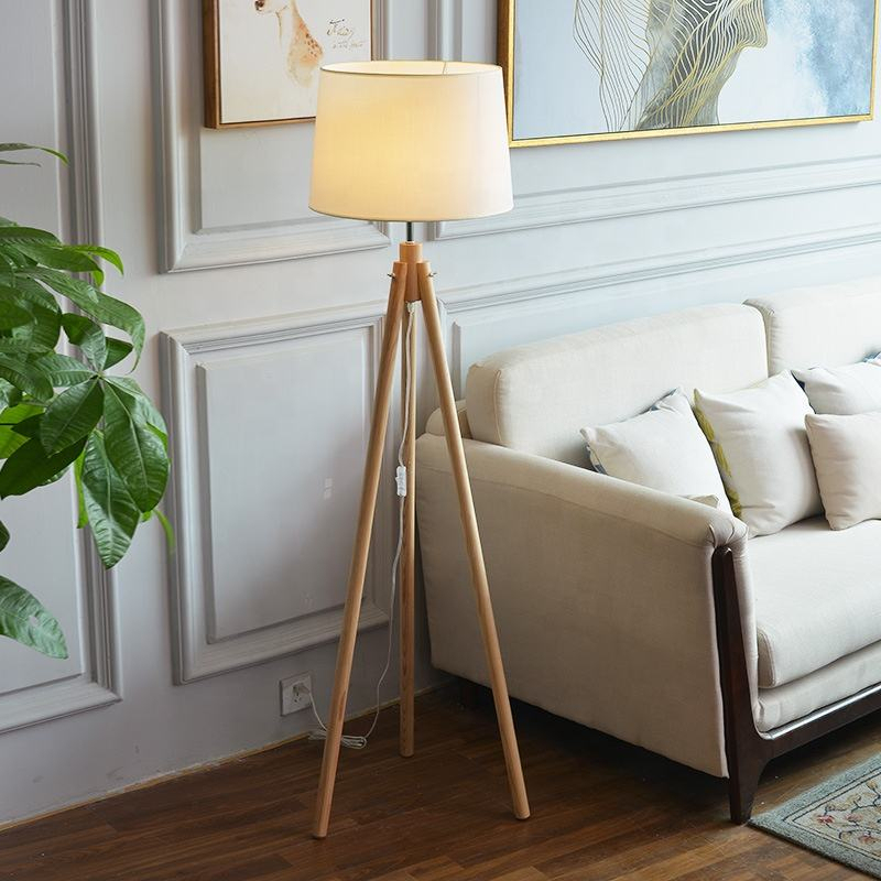 Modern Living Room Fabric Lampshade Stand Floor Light Hotel Home Bedroom Decor Decorative Wood Floor Lamp