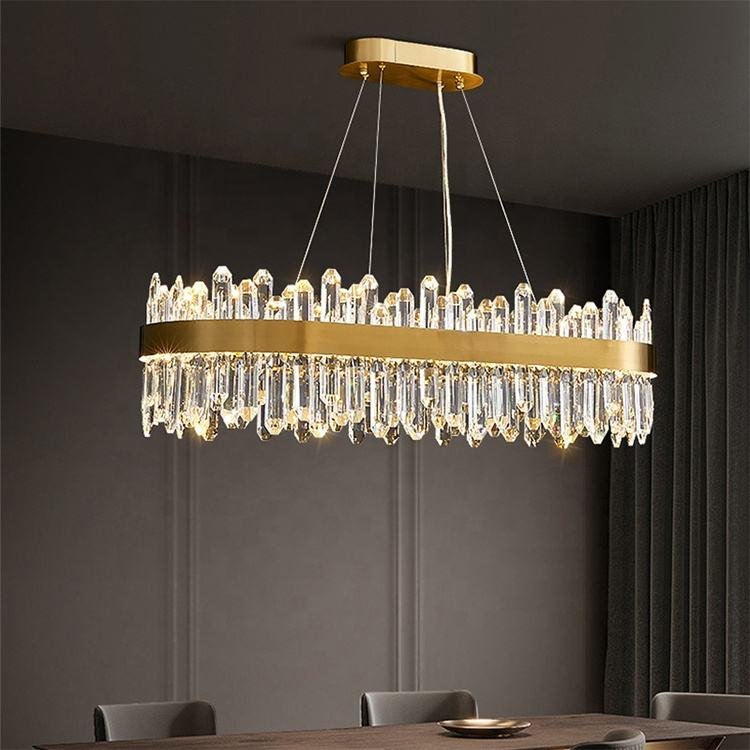 Modern Luxury LED Pendant Light Kitchen Dining Room Rectangular Large Gold Crystal Chandelier for Villa Hotel