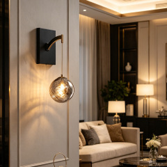 Modern Wall Lamp Indoor Light Hotel Home Decor Smoky Grey Globe Black Iron Sconce Bubble Glass Ball Wall Light