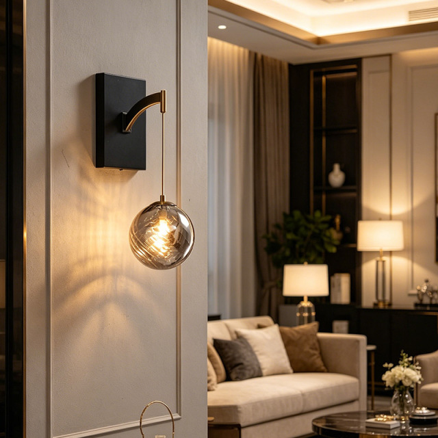 Modern Wall Lamp Indoor Light Hotel Home Decor Smoky Grey Globe Black Iron Sconce Bubble Glass Ball Wall Light