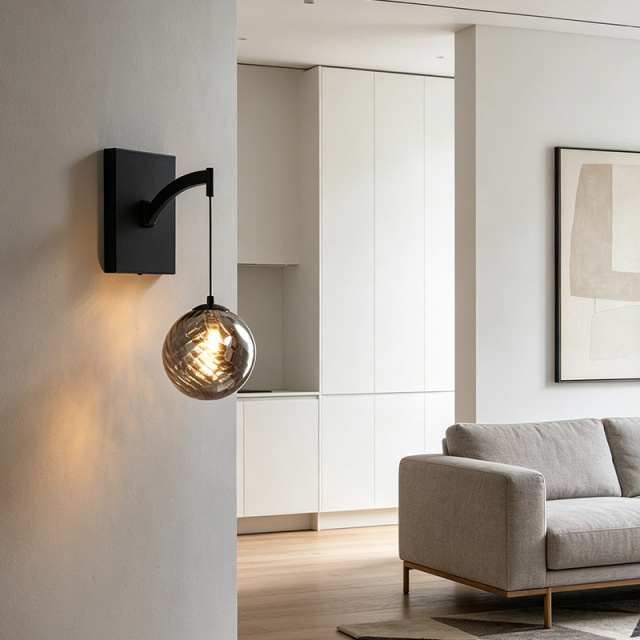 Modern Wall Lamp Indoor Light Hotel Home Decor Smoky Grey Globe Black Iron Sconce Bubble Glass Ball Wall Light
