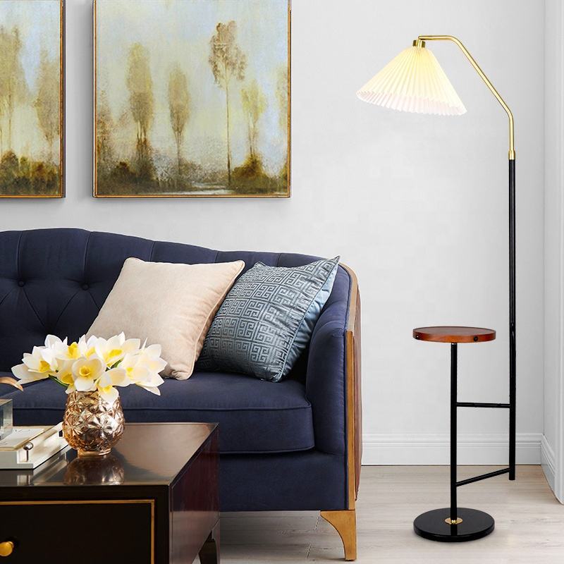 Nodirc Fabric Shade Floor Light Black Powder Coated Wood Study Table Floor Lamp for Bedroom Living Room