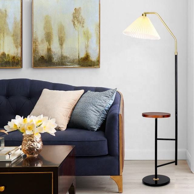Nodirc Fabric Shade Floor Light Black Powder Coated Wood Study Table Floor Lamp for Bedroom Living Room